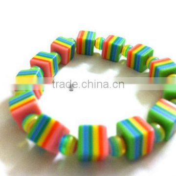 Rainbow Candy Striped Bracelet with Abstract Cube shaped beads, strechable chunky bead bracelets, colorful candy bead bracelet