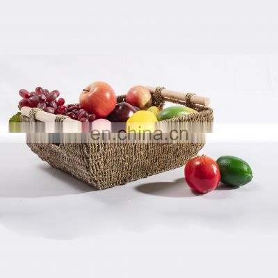 HBK Boat shape natural seagrass rattan  storage basket with wooden handle