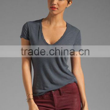 cotton polyester soft v neck short sleeve plain t-shirts for women
