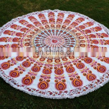 72" Indian Mandala Hippie Orange Mandala Round Roundie Tapestries Hippy Boho Gypsy Round Beach Throw Yoga Mat Pom Pom