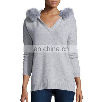 Ladies V Neck Fur Collar Hooded Sweater