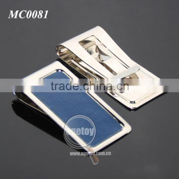 Promotional Square Shaped Metal Stainless Steel Blue Leather PU Money Clip