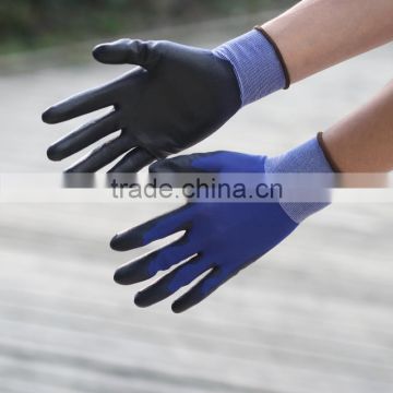 NMSAFETY EN388 navy blue nylon liner palm coated black PU protective gloves good quality