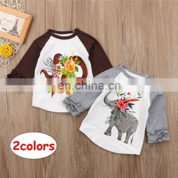 Baby Cartoon elephant print shirts Girl Boy Long Sleeve ruffle Tops Tees for 1-5T