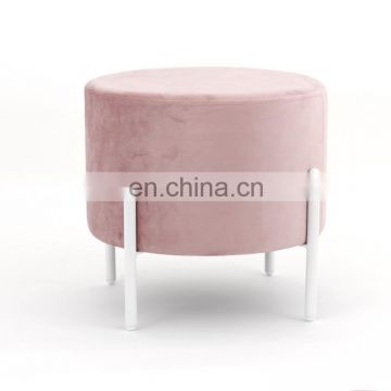 Customized modern pink velvet unfoldable stool ottoman with white metal frame legs for living room