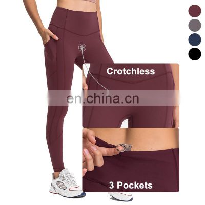 High Waisted Crotchless Yoga Leggings Scrunch Butt Lifting Yoga Pants For Women With Pockets 3D Spliced Workout Fitness Gym Wear