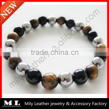 2014 Handmake Tigers Eye Black Agate Silver Bead Bracelet MLAS-036