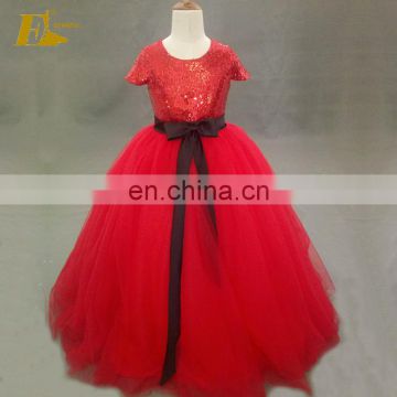 Lovely Red Sequin Tulle Ball Gown Long Flower Girl Dress With Short Sleeve