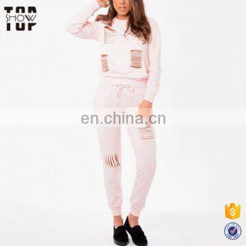 New alibaba china blush female tracksuits with distressed design latest design tracksuit