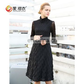 New Design Women Spring Autumn Black long sleeve dress chiffon pleated dress knee length