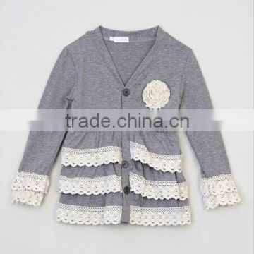 Lovelybabies 2015 Fall children clothing Gray & Ivory Floral Ruffle Cardigan for kids
