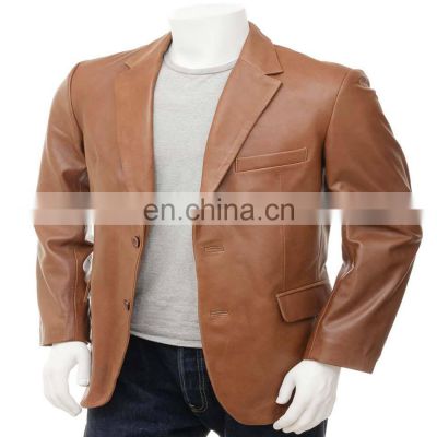 Men Leather Blazer Tan Slim fit Coat Jacket