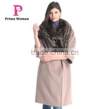 2015 Autumn And Winter Women Medium Length Coat With Nine Points Silver Fox Fur Collar Cashmere Overcoat