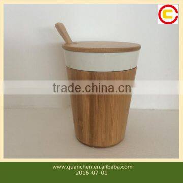 Elegant bamboo and ceramic cup with lid and spoon