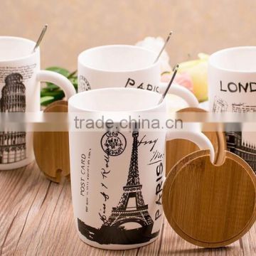 new creative building iron tower matte ceramic mug with wooden cover and spoon