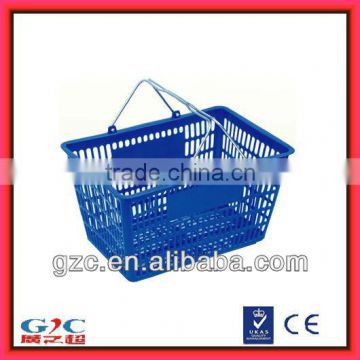 Blue Handheld 30L Plastic Shopping Basket with Double Metal Handles for Supermarket Retail Store