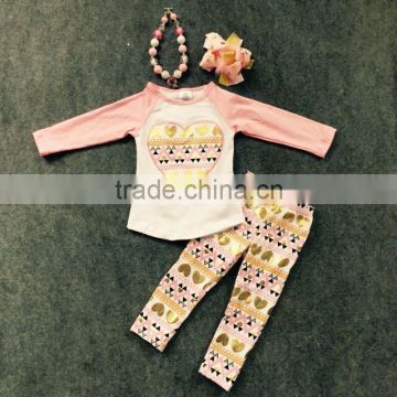 2.14 Valentine pink/golden heart aztec pant baby kids wear girls spring clothes with matching necklace and bw set
