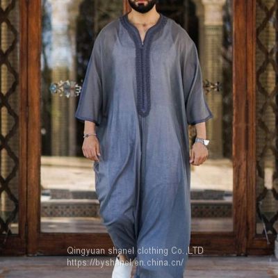 BS-1134960 Men's Caftans V-Neck Thobe Linen Robe Home Robes Side Split Kaftan Cotton Long Gown