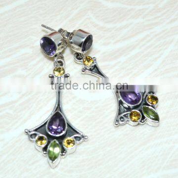 925 Solid Silver Multi Stone Low Price MADE IN INDIA Long Earrings Wholesale Dangle Earring Jewelry