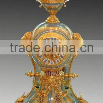 New Arrival Ornamental Cast Brass Mounted Ceramic Table Clock, Gold Plated Hand Painted Turquoise Porcelain Table Clock