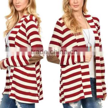 OEM Latest Designs Multi-color Women Fashion Stripe Elbow-Patch Open Front Cardigan Sweaters