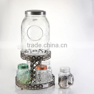 rooster shaped glass dispenser with metal stand with six mason jar sets