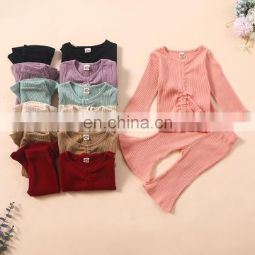 Baby Girl Clothing Sets Fall Winter Toddler Long Sleeve Tops+Flare Pants Girls Casual Ribbed Outfits 2pcs set Solid color