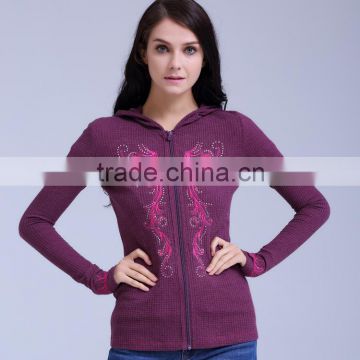 Women's knit waffle jacket with embroidery and crystal