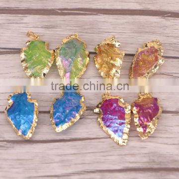 Gold Plated Rough Titanium Quartz Arrowhead Pendant Rainbow Quartz Jewelry Gemstone Charm
