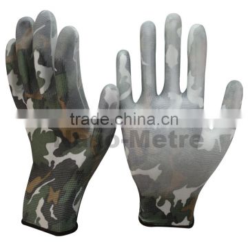 NMSAFETYEN388 13 gauge nylon or polyester liner coated flower print PU gardening camouflage work gloves