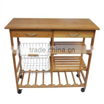 Marketing Bamboo Wood Kitchen Cart with Baskets, Shelves and 8-Slot Wine Bottle Holder