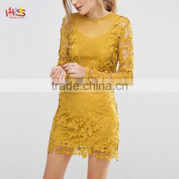 Mustard Lace Long Sleeve Paneled Floral Shift Dress Round Neck Zip Back Bodycon Dress HSD7906