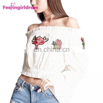 Fashion White Embroidery Floral Off The Shoulder Women Long Sleeve Crop Top