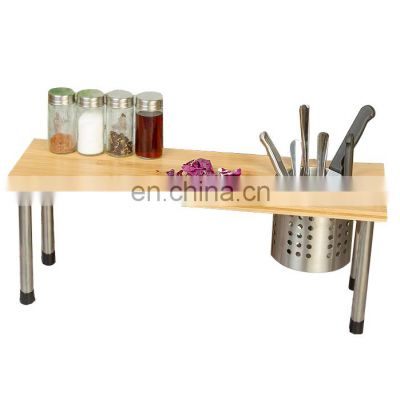 Multifunctional Bamboo spice rack kitchen storage organizer shelf Serving Tray with Stainless Steel utensils holder