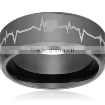 Titanium Comfort Fit Wedding Band Ring Laser Engraved Forever Love Heartbeat Black Ring