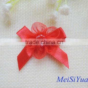 Satin ribbon bow with organza flower and pearl for garment accessories
