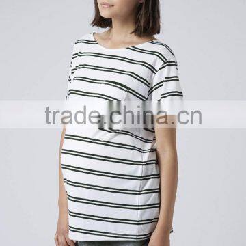 Cheap double stripe short sleeves maternity t-shirt wear with front pocket