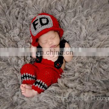 Newborn Baby Firefighter Fireman Red Hat Outfit, 2 pc Red Pant Set w/Suspenders, Photography Prop