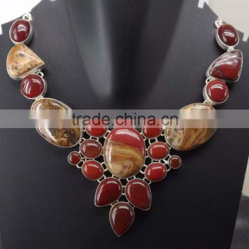 Carnelian, Jasper Necklace plated 925 Sterling Silver 89 Gms 18-20 Inches