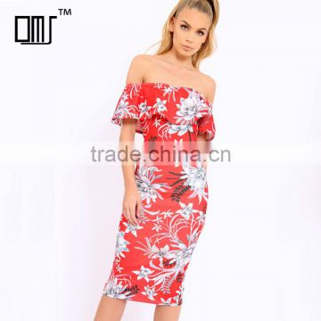 Best sell women clothing off the shoulder floral bodycon midi dresses