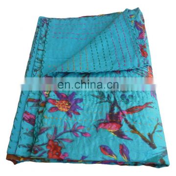 New Indian Bird Floral Decorative Handmade Beautiful Bedspread Kantha Quilt Blanket Hand Quilted Kantha Gudari Beach cover Throw