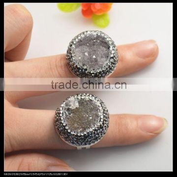 LFD-0014R ~ Wholesale Crystal Rhinestone Beads Paved Round Drusy Agate Rings Rhodium Plated Adjustable Size Woman Ring