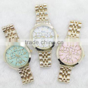 Vogue design gold stainless steel geneva watch women color dial bracelet watch for ladies 2016