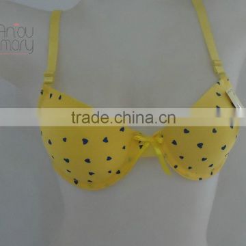 Hotsale Ladies Spandex Yellow Lovely Heart Printed Cheap Thin Cup Bra