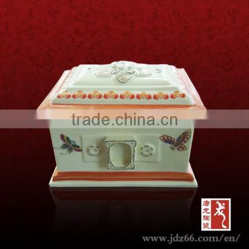 Chinese design white glazed hand painting birds ceramic china coffin for popular sale