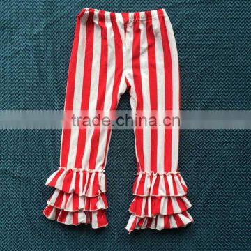 XF-064 cotton kids girls White and Red Stripe triple ruffle bottom pants