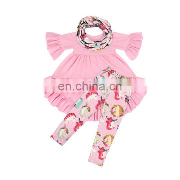 Factory Direct Sale Pink Bell Sleeve Top Animal Pattern Pants Scarf Clothing Set Girl's Suits Baby Fall Outfits