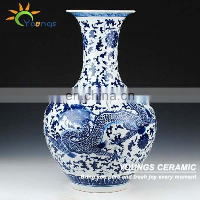 Chinese H56cm Ceramic Big Blue White Dragon Vase Big Floor Vase