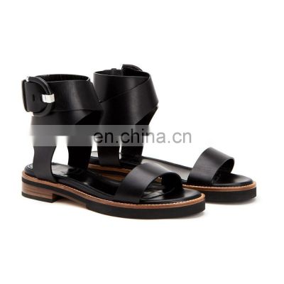 Black flat color design ladies sandals shoes with beautiful buckle women flats genuine leather shoes
