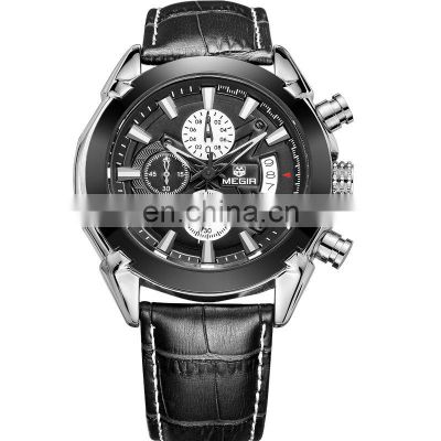 MEGIR 2020 Casual Chronograph Man Luxury Quartz Watches Men's Genuine Leather Military Sport Wristwatches